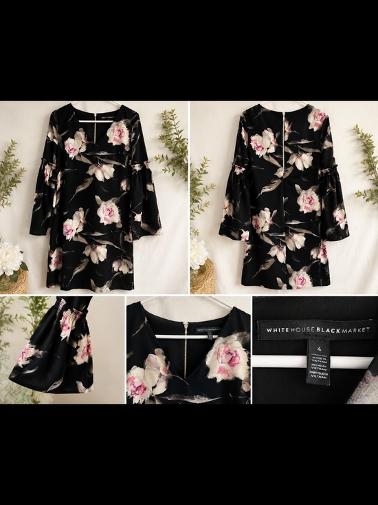 White House Black Market Dresses & Skirts - White House Black Market Black Floral Bell-Sleeve Shift Dress with Pink Accents